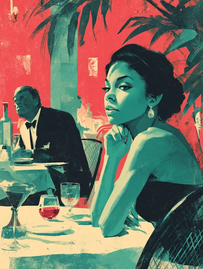 A stylized painting depicts a woman in a teal dress seated at a restaurant table, her chin resting on her hand, gazing pensively.  A man in a tuxedo sits across from her, appearing to be in conversation or waiting. The background is a vibrant red, accented with palm leaves and a muted teal-toned interior. The overall style is bold and evocative, with a focus on contrasting colors and textures.