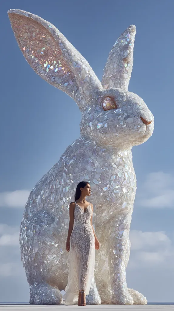 A bride in a beaded, ivory gown stands before a colossal, shimmering rabbit sculpture crafted from iridescent, crystal-like fragments. The sculpture is brilliantly white, reflecting light under a clear blue sky.  The scene is surreal and elegant, creating a striking contrast between the bride's delicate presence and the monumental scale of the art piece.