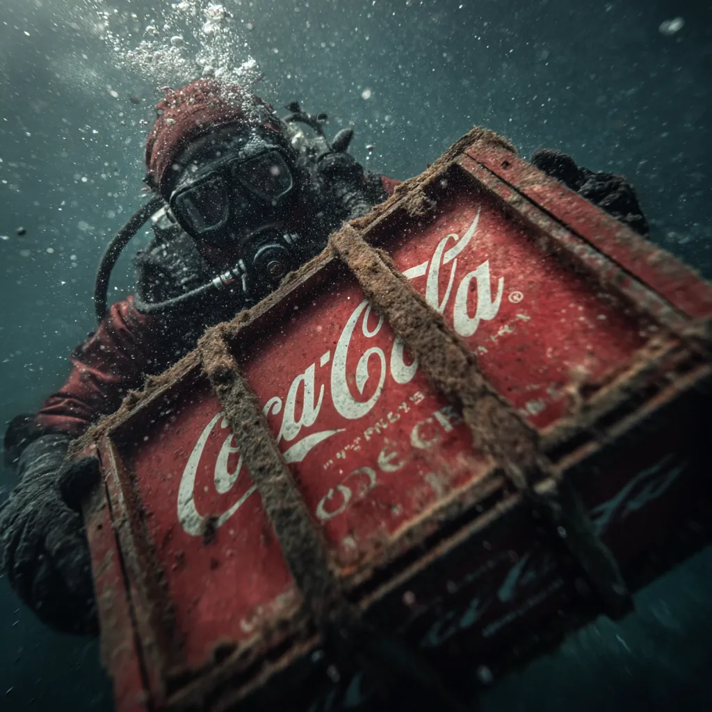 An underwater diver, clad in scuba gear, carefully lifts a heavily encrusted, antique Coca-Cola crate from the seabed.  The crate is covered in sediment, obscuring much of the detail, but the iconic Coca-Cola logo remains visible. The scene is dark and moody, highlighting the mystery and age of the submerged artifact.  Particles swirl in the water, adding to the dramatic underwater atmosphere.