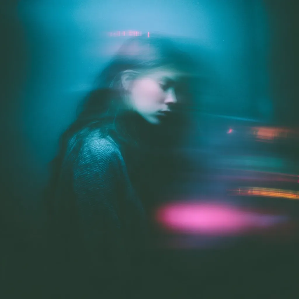 A blurry, ethereal image of a young woman's profile, bathed in cool teal and vibrant pink light.  Her features are indistinct, creating a dreamlike, almost spectral quality. The motion blur suggests movement or a fleeting moment, emphasizing a sense of mystery and introspection.  The overall atmosphere is moody and atmospheric.