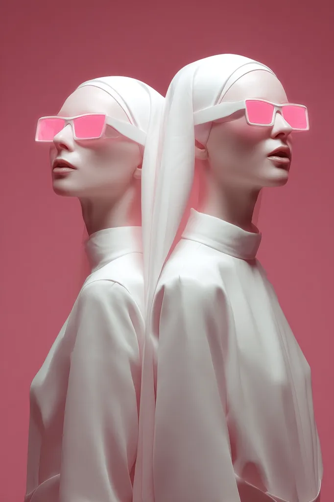 Two pale figures, seemingly twins, stand back-to-back against a pink backdrop.  Dressed in identical white, flowing robes and head coverings, they wear futuristic pink sunglasses. Their smooth, almost mannequin-like features and stark white attire create a striking, surreal image. The overall aesthetic is minimalist and modern, with a hint of otherworldly beauty.