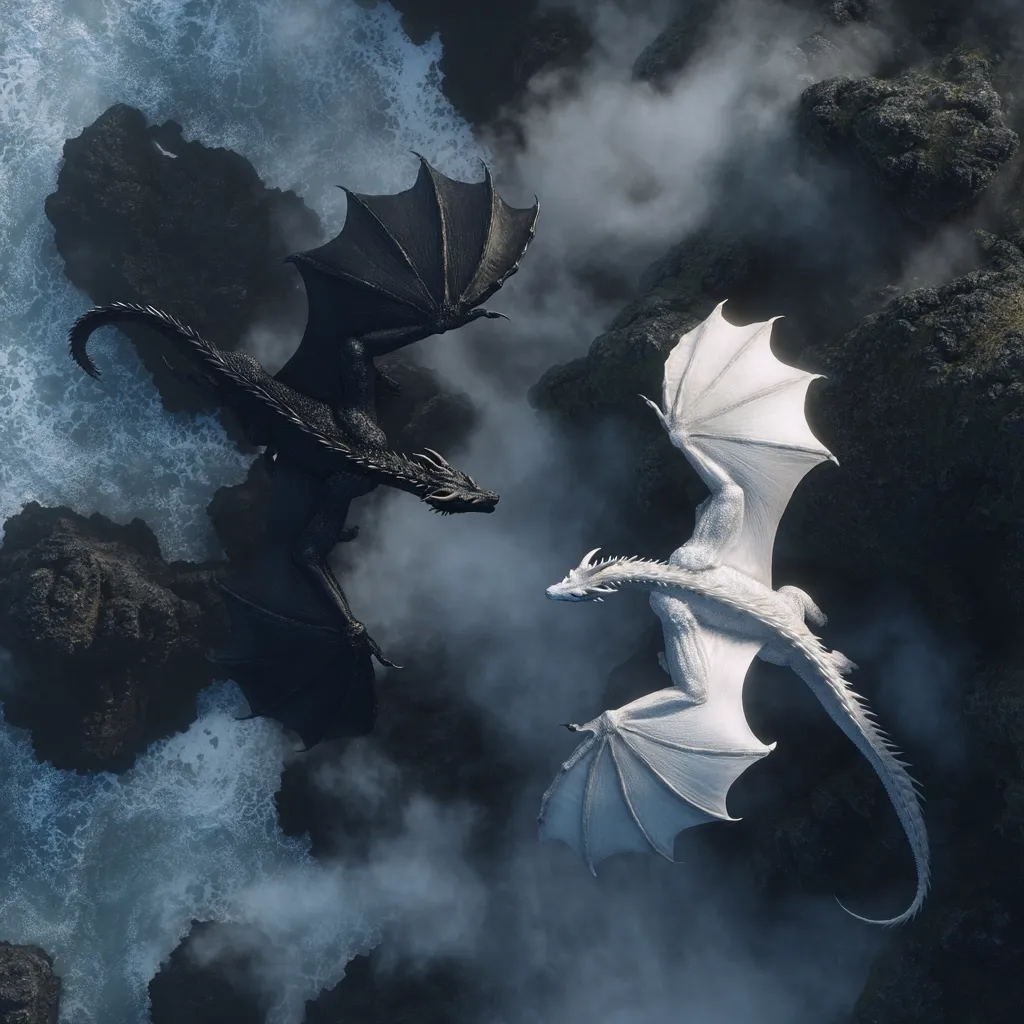 A breathtaking aerial view showcases two majestic dragons in stark contrast.  One, a sleek black dragon, perches near churning ocean waves against dark rocks.  Its counterpart, a magnificent white dragon, soars gracefully above misty, volcanic-looking terrain.  The dragons seem poised, creating a captivating scene of opposing yet harmonious forces.  The overall mood is dramatic and mystical.