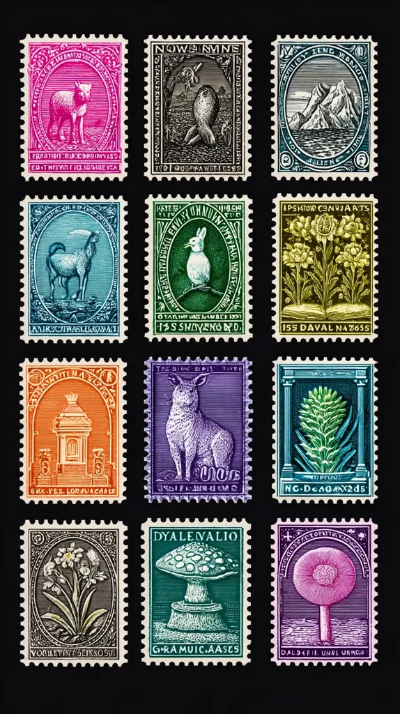 A grid of twelve intricately designed postage stamps showcases diverse flora and fauna.  Each stamp features unique imagery, including sheep, a seal, mountains, a goat, a rabbit, flowers, a monument, another sheep, a plant, daffodils, and mushrooms.  The stamps display vibrant colors and detailed engravings within decorative borders, creating a visually striking collection.  Each stamp has text, apparently in a conlang.