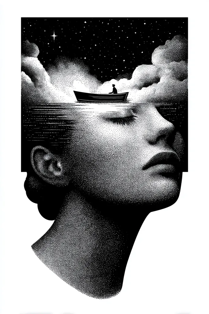 A black and white stippled illustration depicts a woman's profile with eyes closed.  Above her head, nestled within her mind, is a small boat carrying a solitary figure sailing on a tranquil sea under a starry night sky. The image creates a serene and contemplative mood, suggesting inner peace or a journey of self-discovery. The stippling technique adds texture and depth.