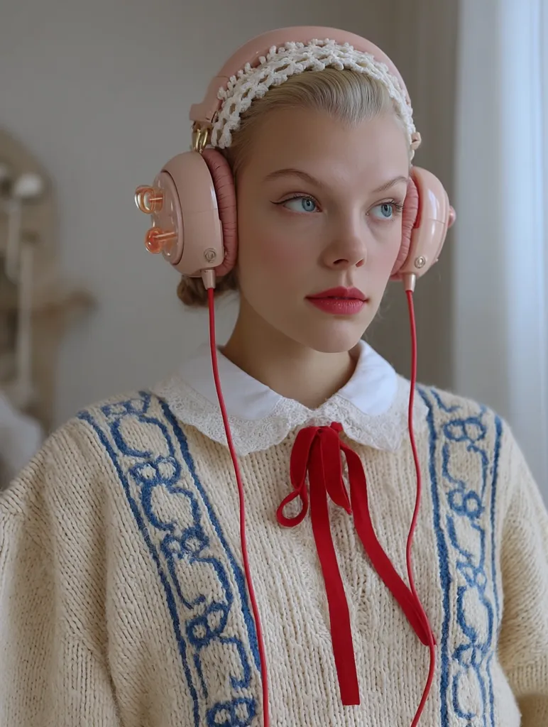 A blonde woman with a pastel pink headband and matching headphones listens intently.  She wears a cream-colored cable-knit sweater with blue detailing and a red velvet bow at the collar.  The headphones have a unique design with small, translucent orange accents. The overall aesthetic is retro and charming.