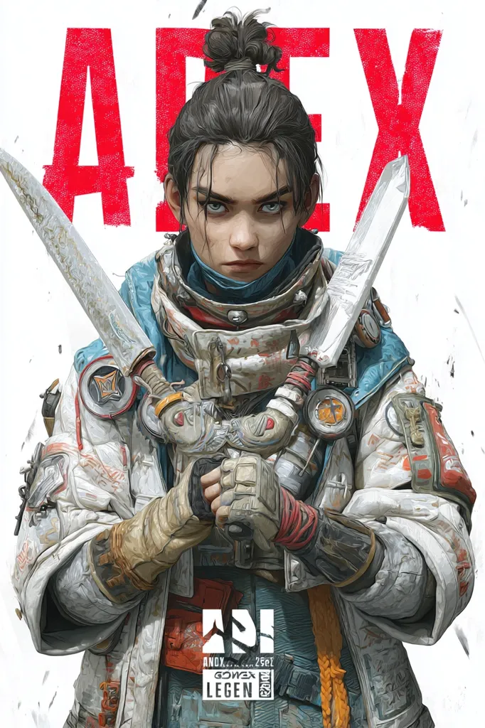 A stylized portrait of a young woman, possibly a video game character, dominates the image.  She has dark hair tied in a topknot and piercing eyes.  She's clad in a futuristic, worn, and patched white and blue combat suit, holding two bladed weapons across her chest. The word "APEX" is boldly displayed in red behind her, hinting at a game or franchise affiliation. The overall aesthetic is gritty and detailed, blending realism with a hint of fantasy.