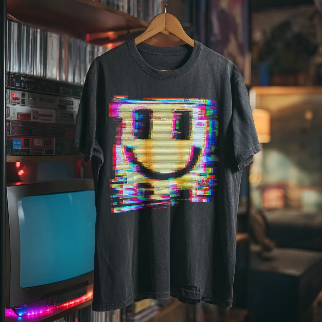 A black t-shirt hangs on a wooden hanger, showcasing a vibrant graphic. The design features a distorted, glitch-effect smiley face, rendered in a palette of yellow, pink, blue, and green. The shirt is displayed against a backdrop of vintage electronics and shelving, adding a retro aesthetic to the image.  The overall style is reminiscent of digital art and 80s/90s technology.