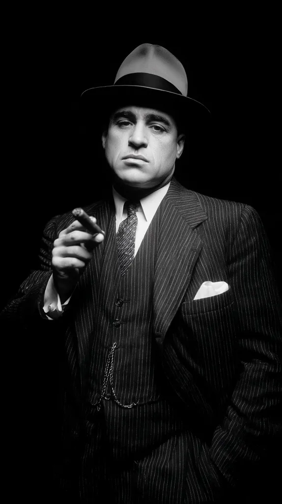 A black and white portrait of a man in a pinstripe suit and fedora. He holds a cigar, his expression serious and intense. The dark background emphasizes the man's attire and features, creating a classic gangster-style image.  The image evokes a sense of power and mystery, reminiscent of 1920s or 1930s crime films.