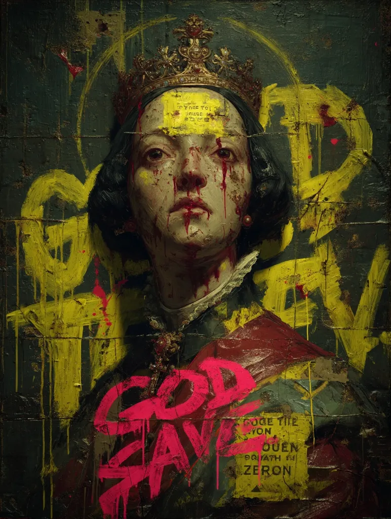 A stylized portrait of a queen, crowned and bloodied, is overlaid with graffiti.  Bold, pink "God Save" is prominent, contrasting with yellow background splashes. A yellow tag on her forehead and another at the bottom add cryptic text, suggesting a subversive or anti-monarchial message.  The painting blends classical portraiture with urban street art, creating a jarring yet captivating image.  The queen's expression is stoic, yet her bloody face hints at violence or upheaval.