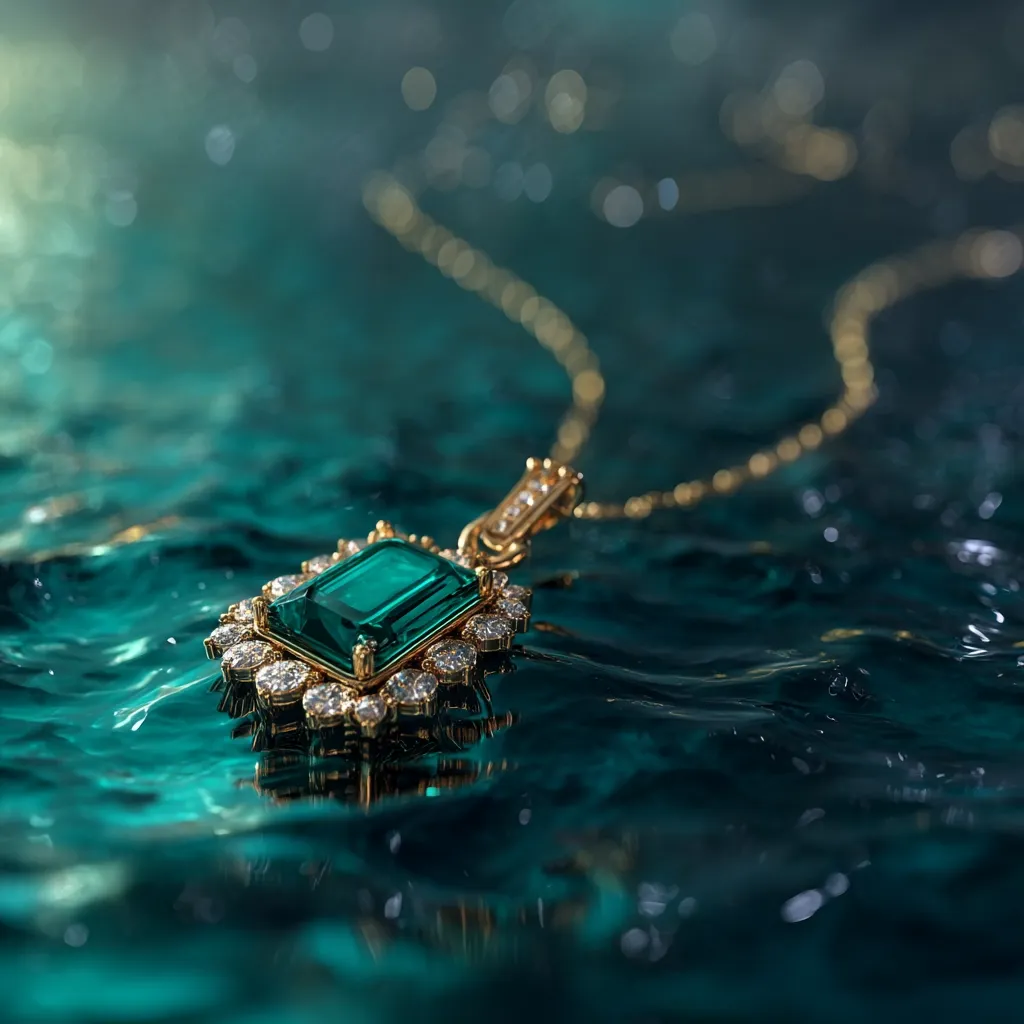 A gold necklace with a vibrant emerald pendant rests gently on the surface of dark teal water.  The emerald is rectangular, surrounded by a halo of smaller diamonds. The water ripples softly around the exquisite jewelry, creating a luxurious and captivating image.  The background is blurred, focusing attention on the stunning pendant.