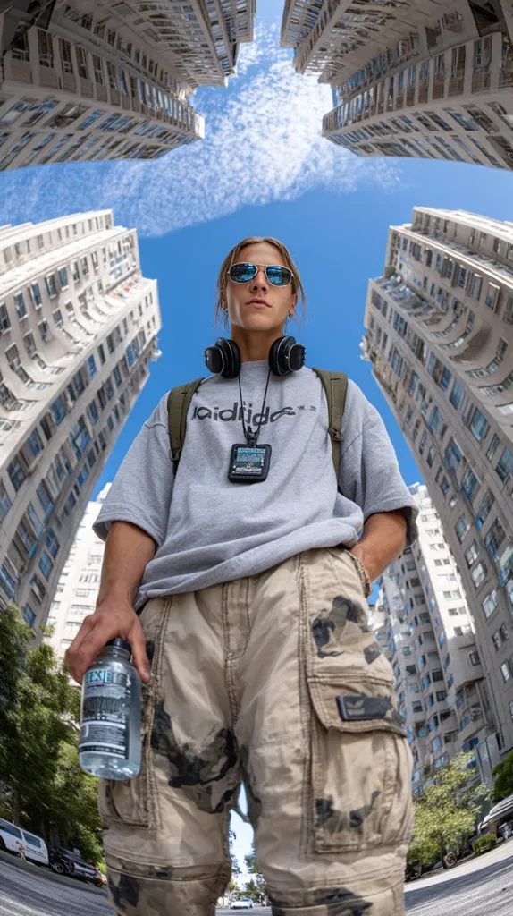 A young person, wearing sunglasses and headphones, stands between tall buildings.  They are holding a water bottle and dressed in a grey Adidas shirt, khaki cargo pants, and a backpack.  The fisheye lens distorts the image, emphasizing the height of the surrounding architecture and creating a dramatic upward perspective against a bright blue sky.