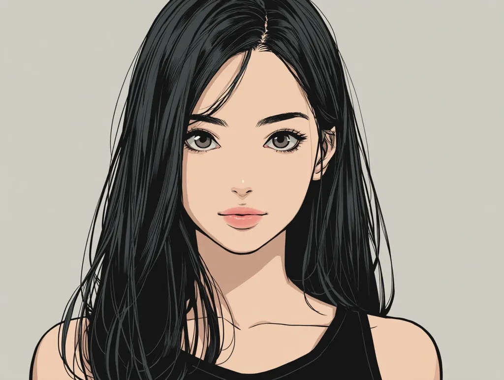 A stylized illustration depicts a young woman with long, straight black hair that frames her face.  Her features are delicately rendered, showcasing large, expressive eyes and soft, full lips.  She has a calm and serene expression. The overall style is minimalist and clean, with a focus on linework and subtle shading.  The woman is wearing a simple black tank top.