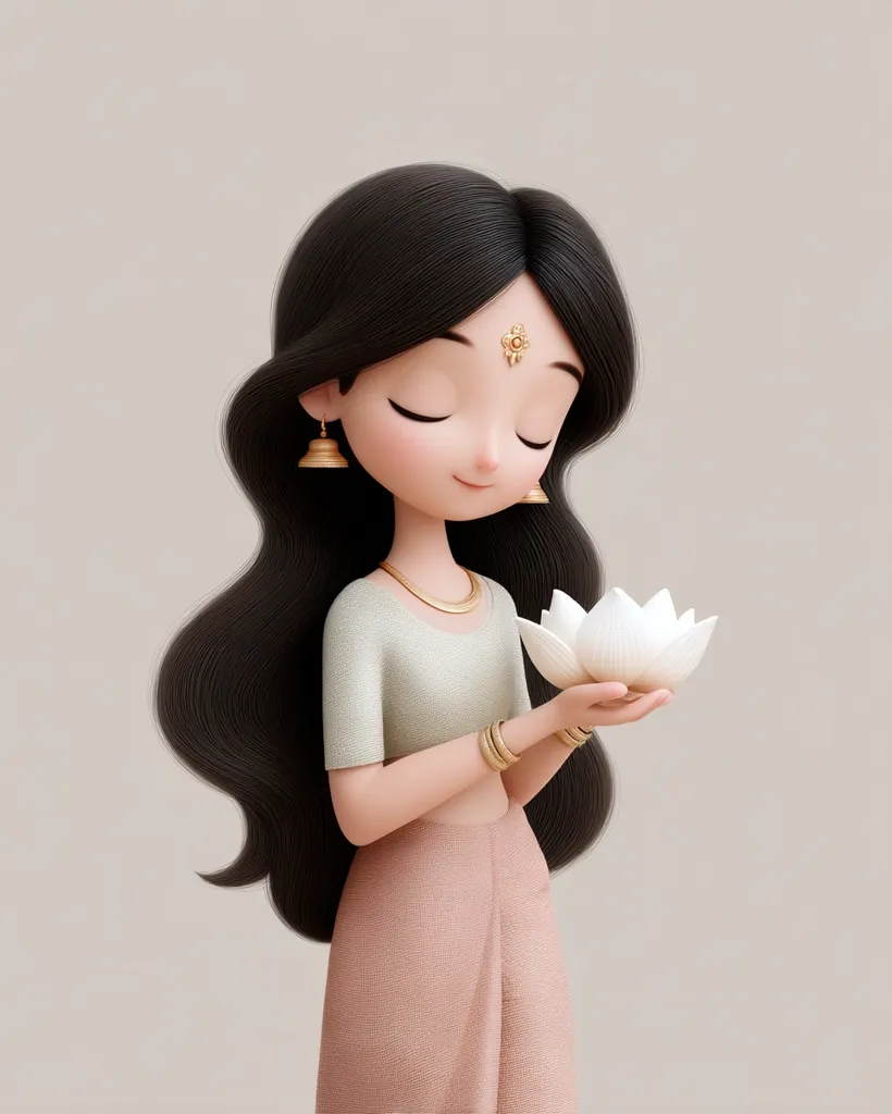 A stylized 3D rendering depicts a young woman with long, dark hair, adorned in gold jewelry and a pale pink and green outfit.  Her eyes are closed, and she gently holds a white lotus flower. The overall aesthetic is serene and peaceful, suggestive of South Asian culture. The background is a muted beige, focusing attention on the woman and her offering.