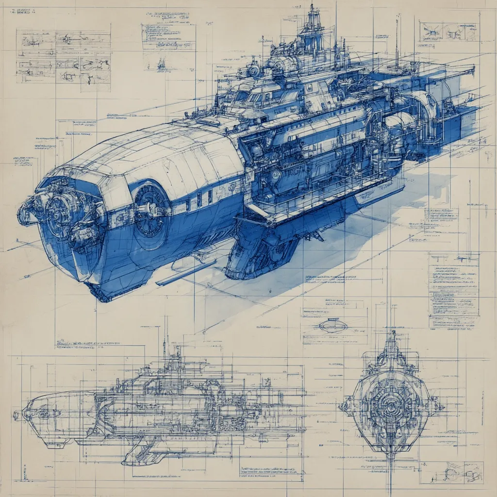 A detailed blueprint showcases a futuristic spaceship, rendered in shades of blue on a beige background.  The design includes cutaway views revealing the ship's intricate internal structure, engines, and control systems.  Additional diagrams offer close-ups of specific components, suggesting a comprehensive engineering design. The style mimics technical schematics, with annotations and measurements adding to the realism.