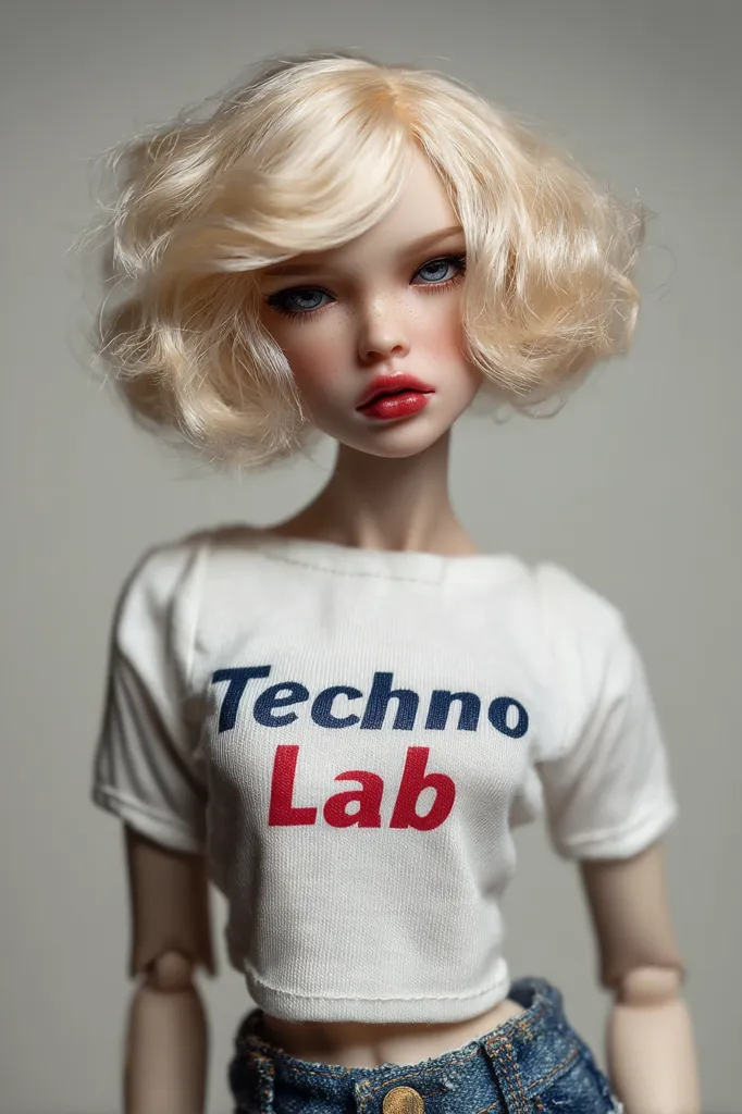 A close-up shot of a fashion doll with a blonde, wavy bob haircut.  She's wearing a white cropped t-shirt with "Techno Lab" printed on it in navy and red, and high-waisted denim jeans. Her makeup is subtly done, emphasizing her realistic features. The doll's expression is serious and direct, creating a stylish and modern aesthetic.