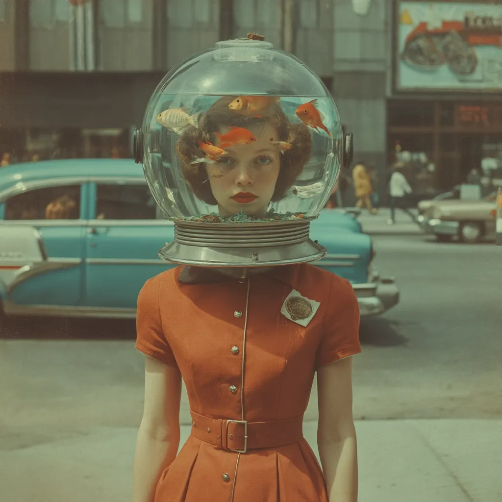 A woman in a burnt orange dress stands on a city street, her head encased in a large, clear fishbowl helmet containing several goldfish.  The scene evokes a retro, 1950s aesthetic, with classic cars in the background and a muted color palette. The image is surreal and captivating, juxtaposing the mundane setting with the unusual headgear.