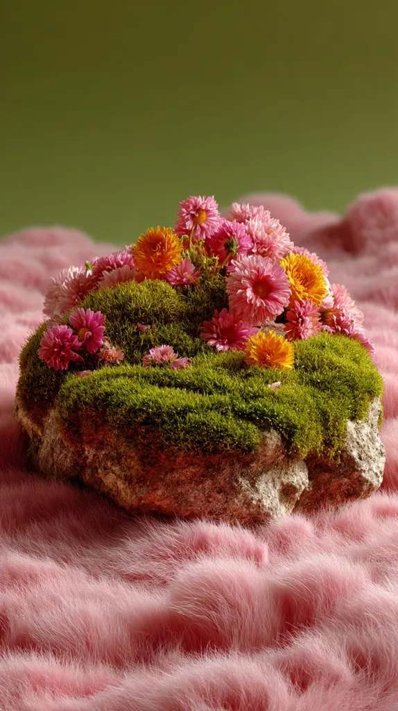 A rock, covered in vibrant green moss, is adorned with a profusion of pink and orange daisies.  The floral arrangement sits nestled on a soft, blush-pink, fur-like surface, creating a whimsical and delicate scene against a muted green background. The overall effect is one of gentle beauty and unexpected contrast.