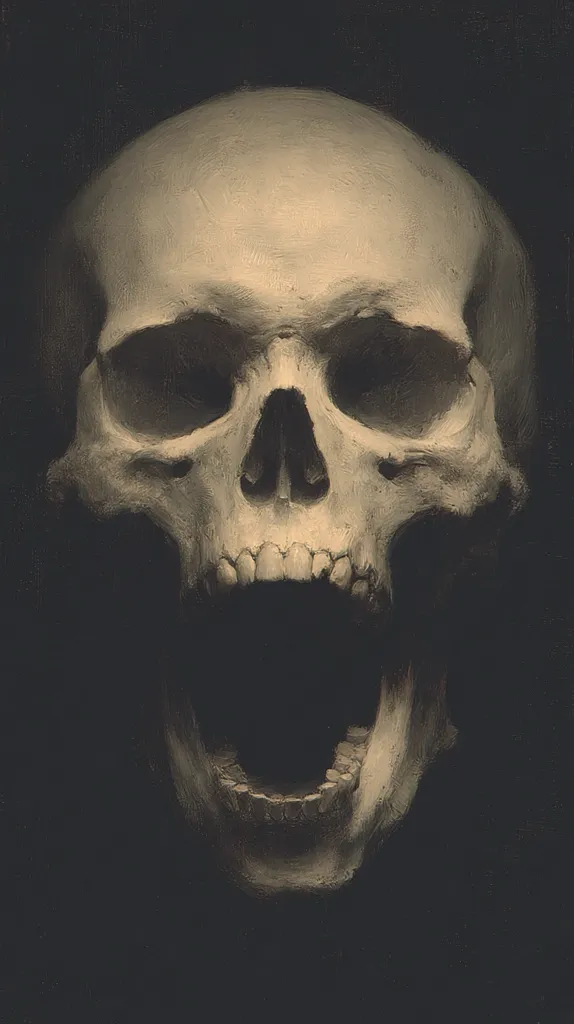 A meticulously rendered painting depicts a human skull, its jaw agape in a silent scream.  The skull is centrally positioned against a dark, almost black background, emphasizing its pale, bone-like texture. The artist’s skill is evident in the detailed rendering of the skull's features, particularly the teeth and the subtle variations in shading and light. The overall effect is one of starkness and unsettling beauty.