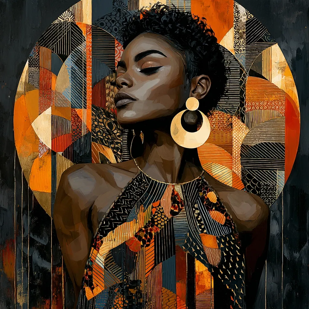 A stylized portrait of a Black woman with closed eyes, her head tilted back.  She wears large gold hoop earrings and a halter-neck dress composed of geometric patterns in rich oranges, blacks, and golds. The background is an abstract collage of similar shapes and colors, creating a unified and opulent aesthetic.  The artwork blends portraiture with abstract design elements, evoking a sense of calm strength and beauty.