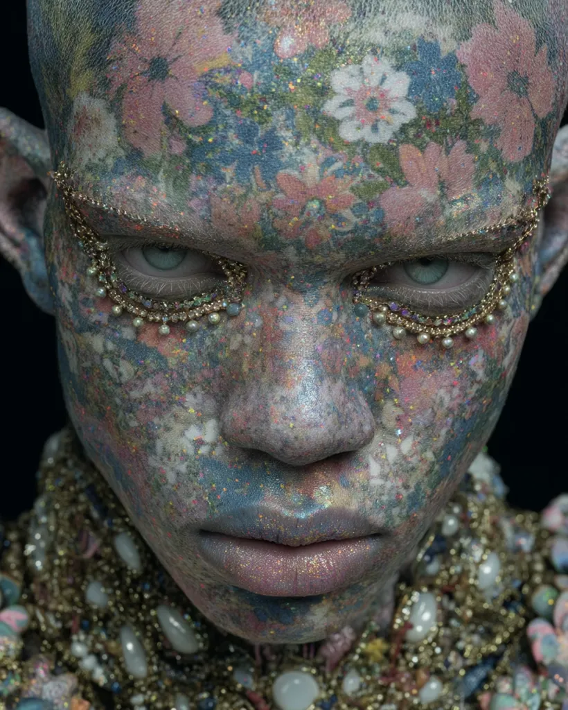 Close-up portrait of a person with elaborate body art resembling a floral pattern in muted pastel shades, accented with glitter.  They are adorned with ornate gold and pearl jewelry around their neck and eyes.  The expression is serious, almost intense, drawing focus to the intricate detail of the face and its adornments. The background is dark and unfocused, enhancing the subject’s striking appearance.