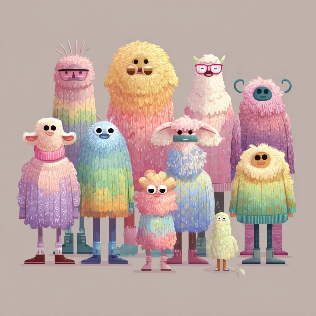 A whimsical group of fluffy pastel-colored monsters, each wearing a knitted sweater, stands together.  They vary in size and shape, with some resembling sheep or birds.  Their sweaters feature rainbow hues and playful patterns. The overall style is cute and childlike, evoking a sense of warmth and friendship.  One small, pale yellow creature stands in the front, completing the charming scene.