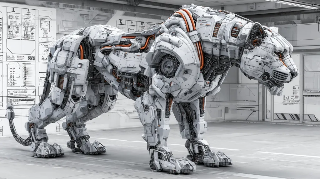 A majestic, white robotic big cat stands in a futuristic, sterile environment.  Its intricate mechanical design is evident, with exposed wiring and detailed articulation in its limbs and head. The robot's pose suggests power and readiness, while its sleek, white exterior contrasts with the orange internal components. The background features clean, white walls and technical schematics, emphasizing a technological setting.