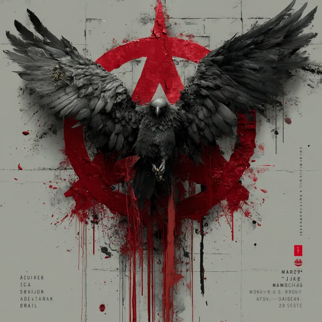 A large, dark raven is depicted with its wings spread wide, positioned centrally against a backdrop of a graffiti-style anarchist symbol painted in red.  The symbol is partially obscured by splatters and drips of red paint, creating a dramatic and chaotic effect.  Unintelligible text is present at the bottom, possibly codes or symbols. The overall mood is dark and intense.