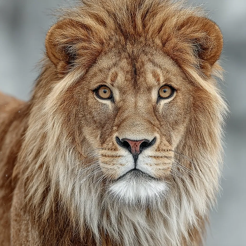 A majestic lion, its amber eyes intense, stares directly at the camera.  Its thick, tawny mane frames a serious expression.  The lion's fur appears soft and slightly windblown, with hints of lighter shading around its muzzle. The background is blurred, focusing attention on the magnificent creature.