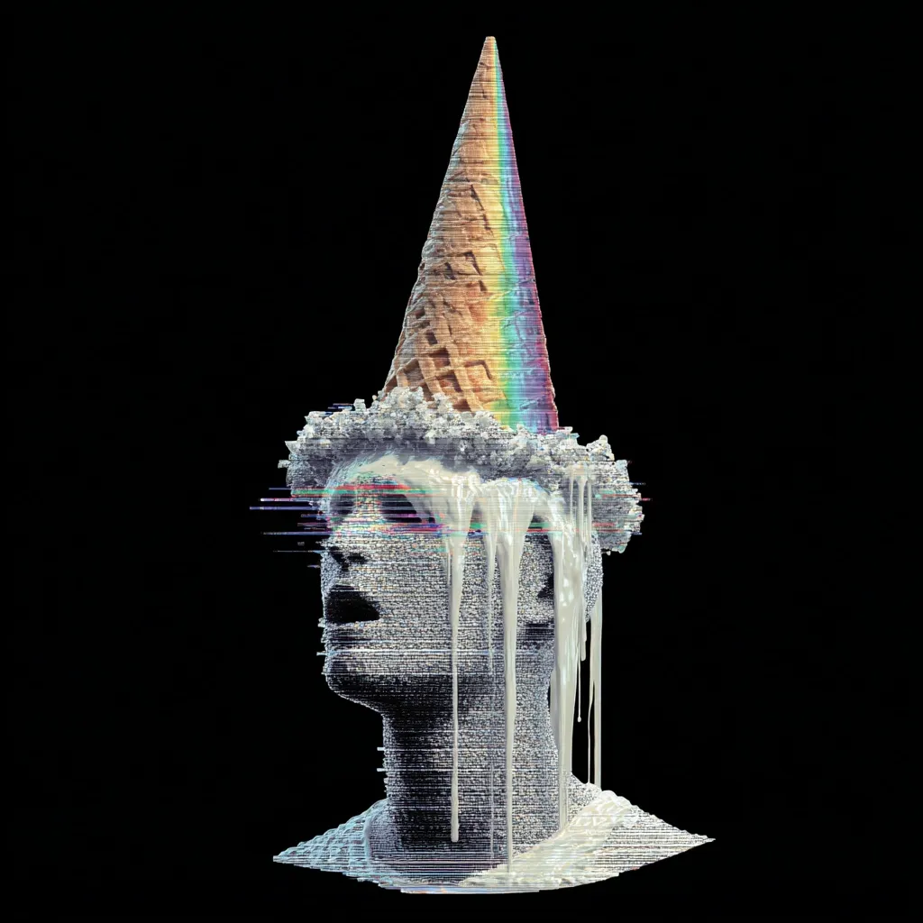 A digital art piece depicts a classical bust seemingly melting, with a rainbow ice cream cone atop its head.  The ice cream drips down the figure's face and neck, creating a surreal and distorted effect.  The image has a glitch-art aesthetic, with pixelated lines and digital artifacts adding to the overall uncanny atmosphere. The contrast between the ancient bust and modern, melting ice cream creates a striking juxtaposition.