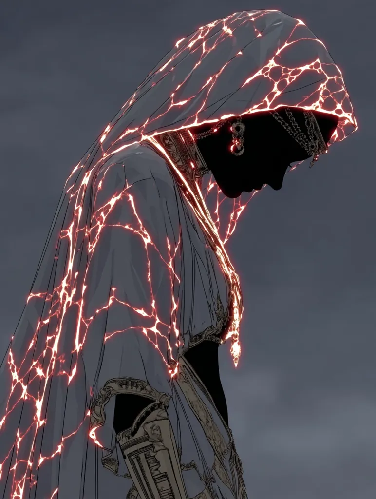 A stylized figure, cloaked and hooded, is depicted.  The cloak is seemingly made of a translucent material, with glowing, crack-like veins of orange light running throughout.  The figure's ornate jewelry and clothing details are visible beneath the cloak, suggesting a regal or powerful status. The overall aesthetic is dark, dramatic, and possibly fantastical.