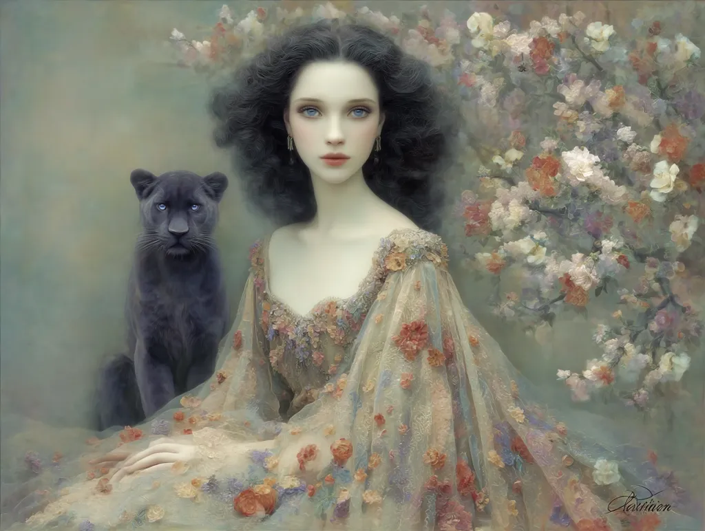 A dreamy, ethereal portrait depicts a pale woman with dark hair in a floral gown.  She sits serenely beside a black panther.  The background features a blossoming tree, creating a soft, romantic atmosphere. The overall style is painterly and reminiscent of fantasy art, with muted colors and a soft focus. The image evokes a sense of mystery and grace.