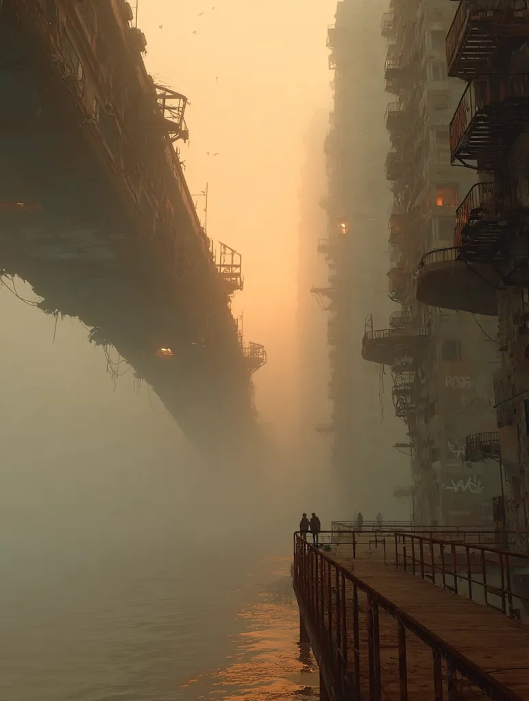 A digital painting depicts a futuristic, dystopian cityscape shrouded in fog.  Two figures stand on a weathered boardwalk beside a murky waterway, gazing towards a colossal, decaying structure spanning the scene.  Tall, dilapidated buildings line the opposite side, their balconies and windows hinting at a densely populated, yet desolate existence.  The overall atmosphere is melancholic and atmospheric, with a warm, hazy light filtering through the mist.