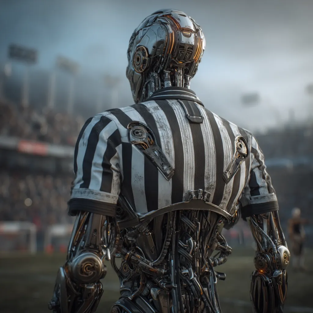 A futuristic robot referee stands on a football field, its back to the camera.  The robot is clad in a classic black and white striped referee shirt, its metallic, intricate internal mechanisms visible beneath the fabric. The background is blurred, showing a large stadium filled with spectators. The image evokes a sense of technological advancement in sports officiating.