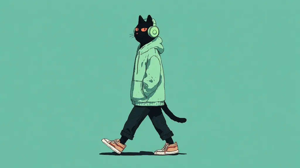 A stylish black cat strolls against a teal backdrop.  Wearing a mint green hoodie, black pants, and light-colored sneakers, the cat sports large, light green headphones. Its red eyes add a striking contrast to its dark fur. The illustration is minimalist, with clean lines and a muted color palette, giving it a modern and trendy feel.