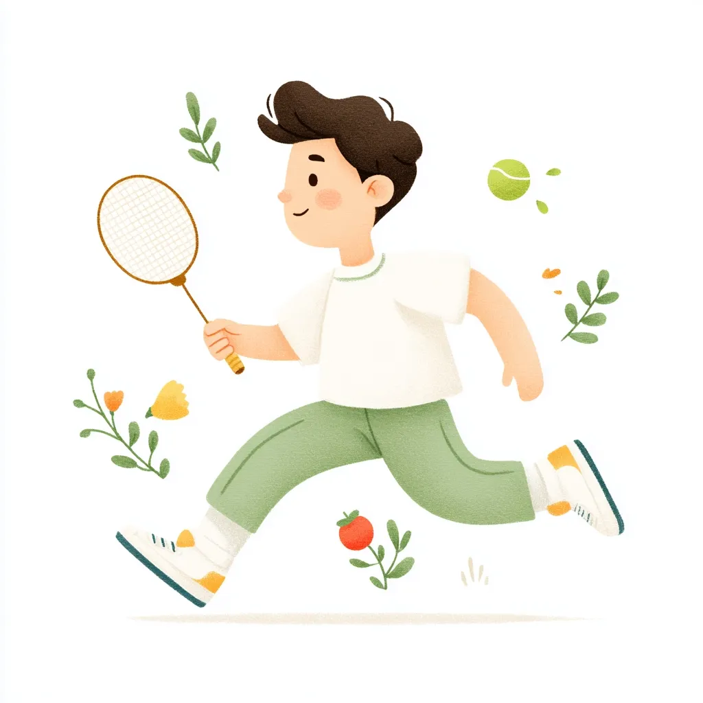 A cheerful illustration depicts a boy joyfully running while holding a badminton racket. He's dressed in a white shirt and green pants, his shoes brightly colored.  Surrounding him are whimsical floral elements and a tennis ball, creating a playful, energetic scene. The style is soft and cartoonish, emphasizing a sense of fun and movement.