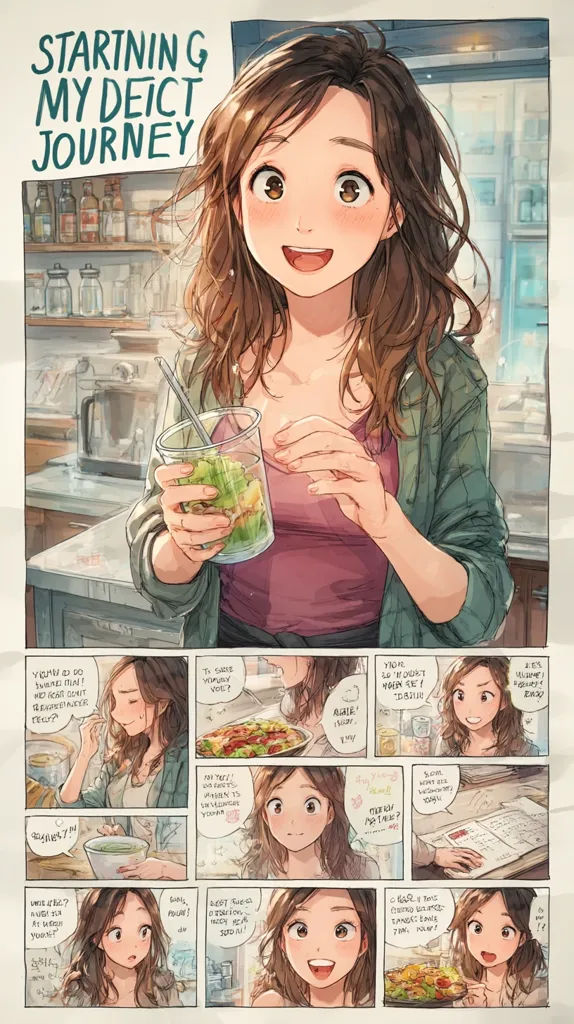 A manga-style illustration depicts a young woman starting her diet journey.  The main panel shows her happily holding a glass of a healthy salad. Smaller panels below showcase her daily life, including meal preparation and conversations with friends, highlighting her food choices and support system as she embarks on her new lifestyle.  The overall tone is lighthearted and optimistic.