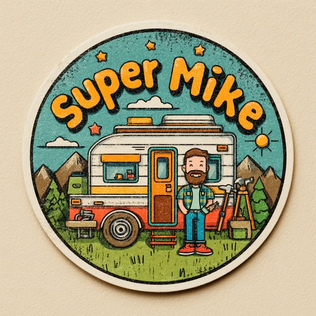 A circular illustration, reminiscent of a vintage coaster, features a cartoon of "Super Mike" standing beside a retro camper van.  The scene is set against a mountainous landscape under a sunny sky.  Mike, a bearded man in plaid, holds a tool, suggesting a handyman or outdoorsman vibe. The design employs a textured, distressed aesthetic.  The overall style is playful and nostalgic.