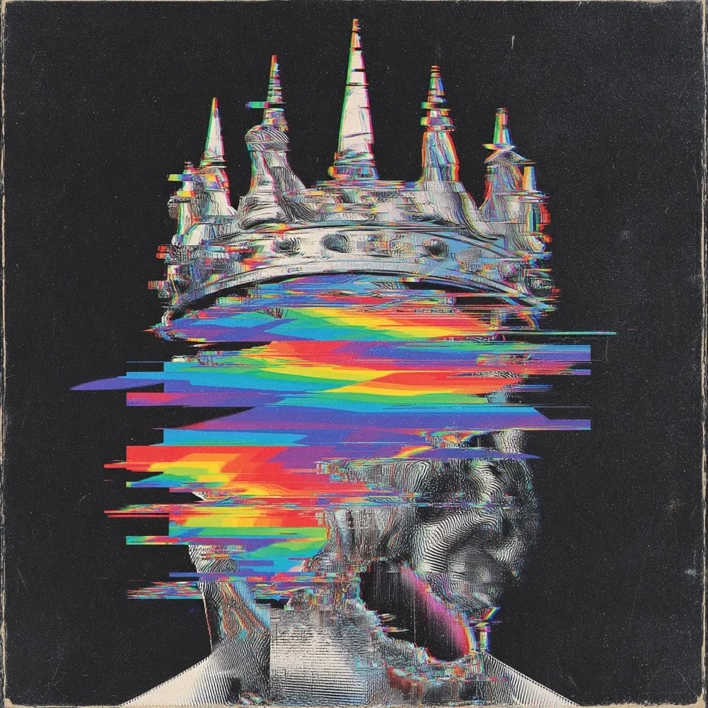 A stylized portrait features a head and shoulders, crowned with a glitching, ornate crown. The face is obscured by vibrant, horizontal streaks of rainbow colors, creating a digital distortion effect. The overall aesthetic is dark and gritty, with a blend of vintage and modern digital art styles, conveying a sense of regal power and fragmented identity.