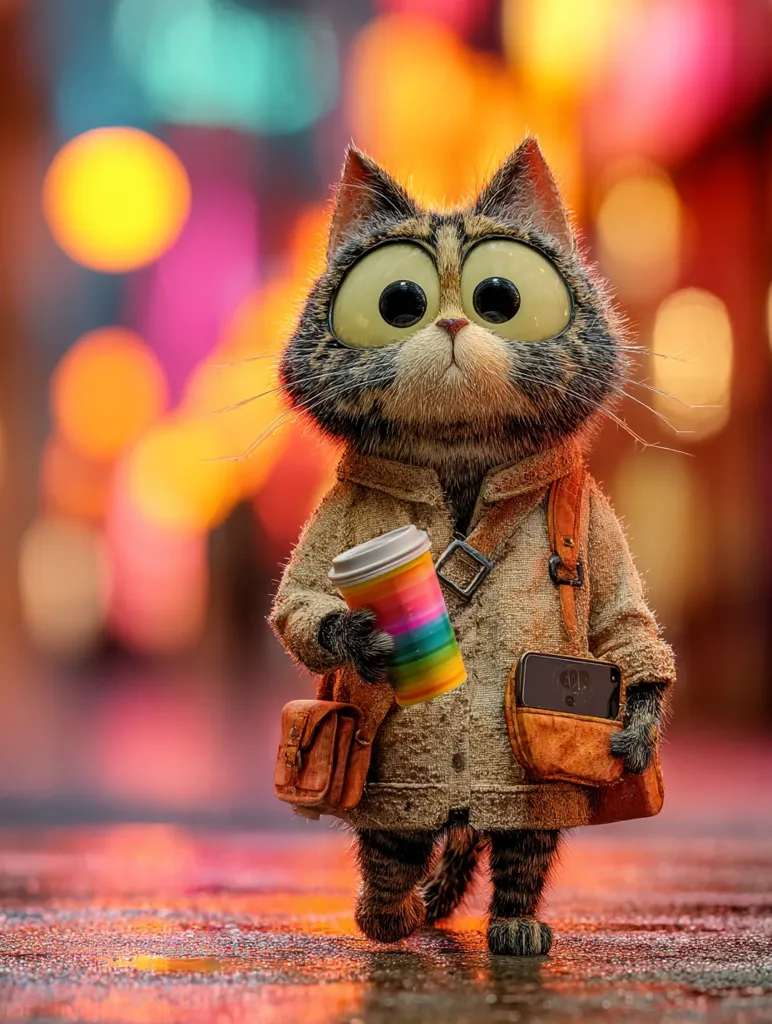 A charming cartoon cat, with oversized eyes and a tabby coat, strolls down a rain-slicked street.  It carries a colorful takeaway coffee cup and a small brown satchel, suggesting a busy day ahead. The background is a vibrant blur of city lights, enhancing the whimsical mood. The cat's expression is sweet and slightly pensive, adding to its endearing character.