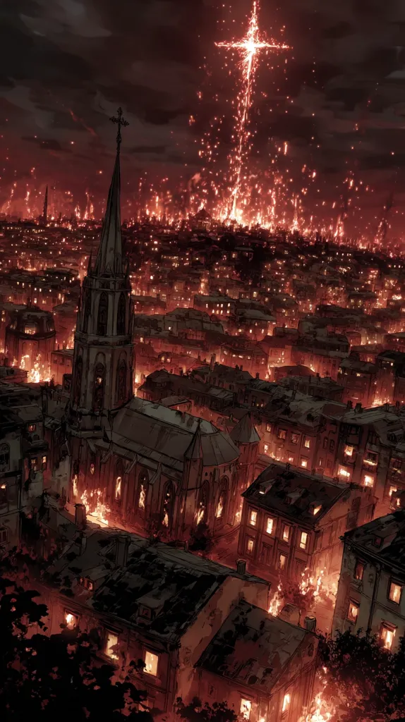 A fiery cross descends from the heavens, illuminating a city engulfed in flames.  Buildings burn fiercely, casting an ominous red glow across the scene. A tall church steeple, standing defiantly amidst the chaos, is silhouetted against the inferno. The overall atmosphere is one of apocalyptic destruction and intense heat.