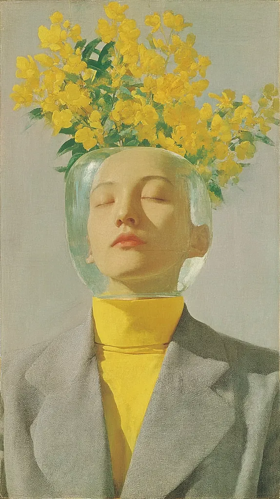 A serene portrait depicts a person with eyes closed, their head encased within a clear glass vessel filled with vibrant yellow flowers.  The subject wears a muted gray jacket over a bright yellow turtleneck. The overall aesthetic is one of calm contemplation, juxtaposing the softness of the figure with the bold color of the flowers and clothing.  The painting's style is realistic, yet imbued with a surreal quality.