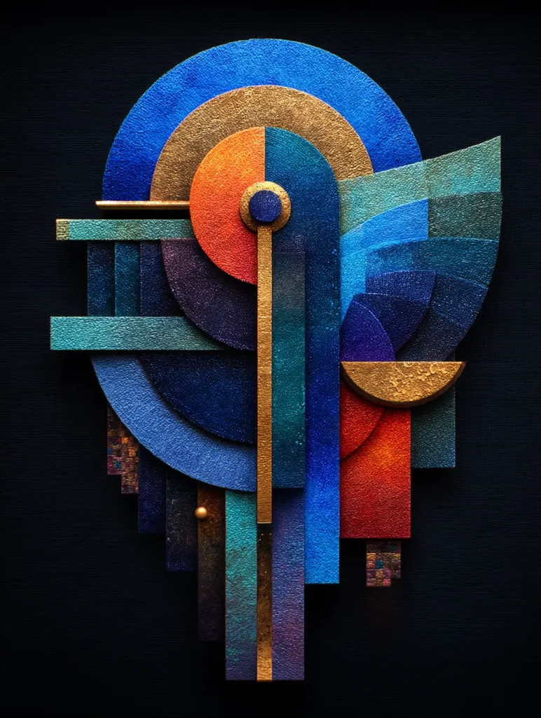 A captivating abstract artwork, possibly a relief sculpture, features a rich palette of blues, oranges, and golds.  Geometric shapes—circles, rectangles, and trapezoids—interlock and overlap, creating depth and visual rhythm.  The textured surfaces suggest a tactile quality, while the gold accents add a touch of luxury. The composition is both symmetrical and dynamic, evoking a sense of balance and movement.  The dark background enhances the vibrancy of the colors.