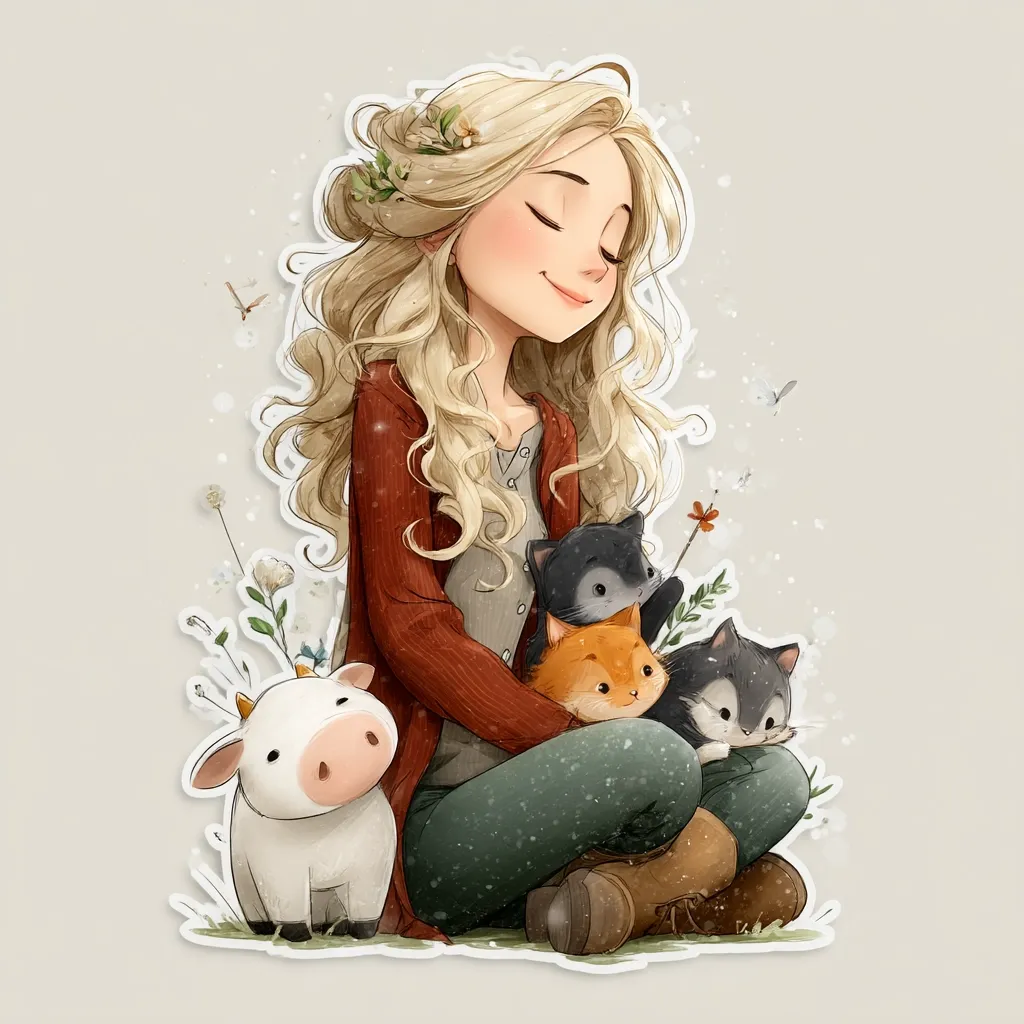A charming illustration depicts a blonde girl with eyes closed, serenely cradling three adorable cats and a calf.  She's dressed in a maroon cardigan and dark pants, sitting amidst delicate wildflowers.  The overall style is soft and whimsical, evoking a feeling of peace and contentment. The image is framed by a subtle white border.