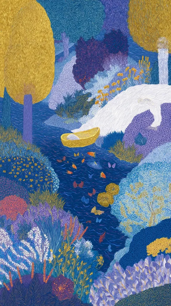 A whimsical illustration depicts a tranquil stream flowing through a vibrant, fantastical landscape.  Yellow and purple flowers bloom profusely along the banks, where small fish swim amidst fluttering butterflies.  A small yellow boat rests gently on the water's surface, adding to the serene and dreamlike atmosphere. The detailed, textured style gives the scene a rich, almost embroidered quality.