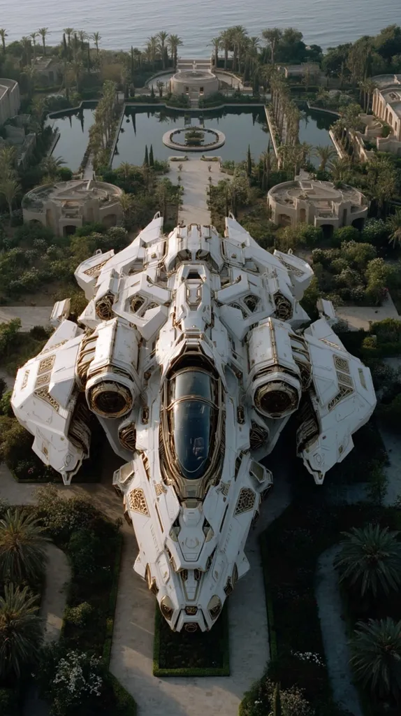 A futuristic, ornate spaceship, predominantly white with gold accents, rests in a meticulously landscaped garden.  The garden features geometrically arranged pools, pathways, and lush greenery, creating a stark contrast with the spacecraft's advanced design.  The scene suggests a blend of high technology and serene natural beauty. The ocean is visible in the background.