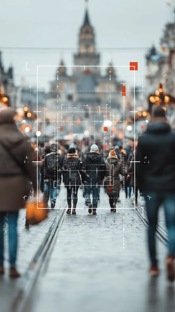 A blurred image depicts pedestrians walking away from the camera on a cobblestone street.  A white grid overlay suggests data tracking or analysis of the crowd.  In the background, a defocused cityscape with a tall building is visible. The overall mood is somber and slightly futuristic.  The image evokes themes of anonymity and surveillance in urban environments.