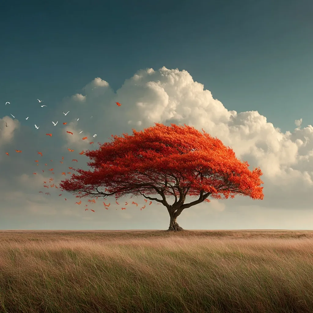 A solitary tree with vibrant orange leaves stands in a field of tall grass under a dramatic sky.  White birds and falling leaves drift to the left, creating a sense of movement and change.  Fluffy white clouds fill the upper portion of the image, contrasting with the deep blue sky. The scene evokes feelings of autumnal transition and serene beauty.