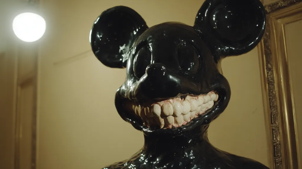 A disturbingly realistic sculpture of Mickey Mouse is shown. The sculpture is rendered in black, with exaggerated features. The most striking aspect is Mickey's unsettling smile, revealing a multitude of teeth. The background is blurred but shows a yellowish wall and a gilded frame. The overall effect is one of unsettling unease.