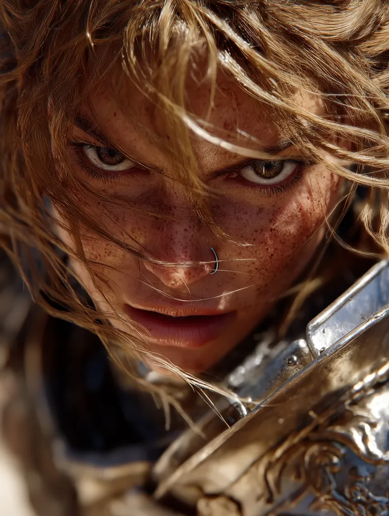 Close-up of a fierce female warrior with windblown blonde hair and freckles. Her intense gaze and determined expression are accentuated by the metallic sheen of her armor.  A nose ring adds to her rugged appearance. The image is sharply focused on her face, highlighting her grit and resolve.