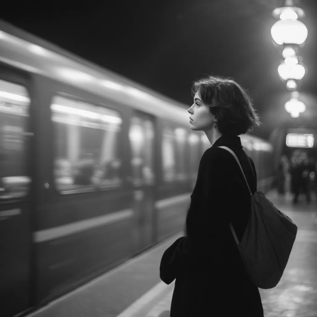A young woman with short hair stands on a subway platform, her gaze directed towards a blurred, speeding train.  She wears a dark coat and carries a backpack. The monochrome image evokes a sense of solitude and contemplation, the motion of the train contrasting with her stillness. The scene is lit by the soft glow of overhead station lights.